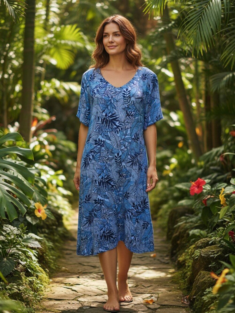 Tropical Midi Dress Women's Plus Size 18W Blue Leaves Flared Pockets Rayon India